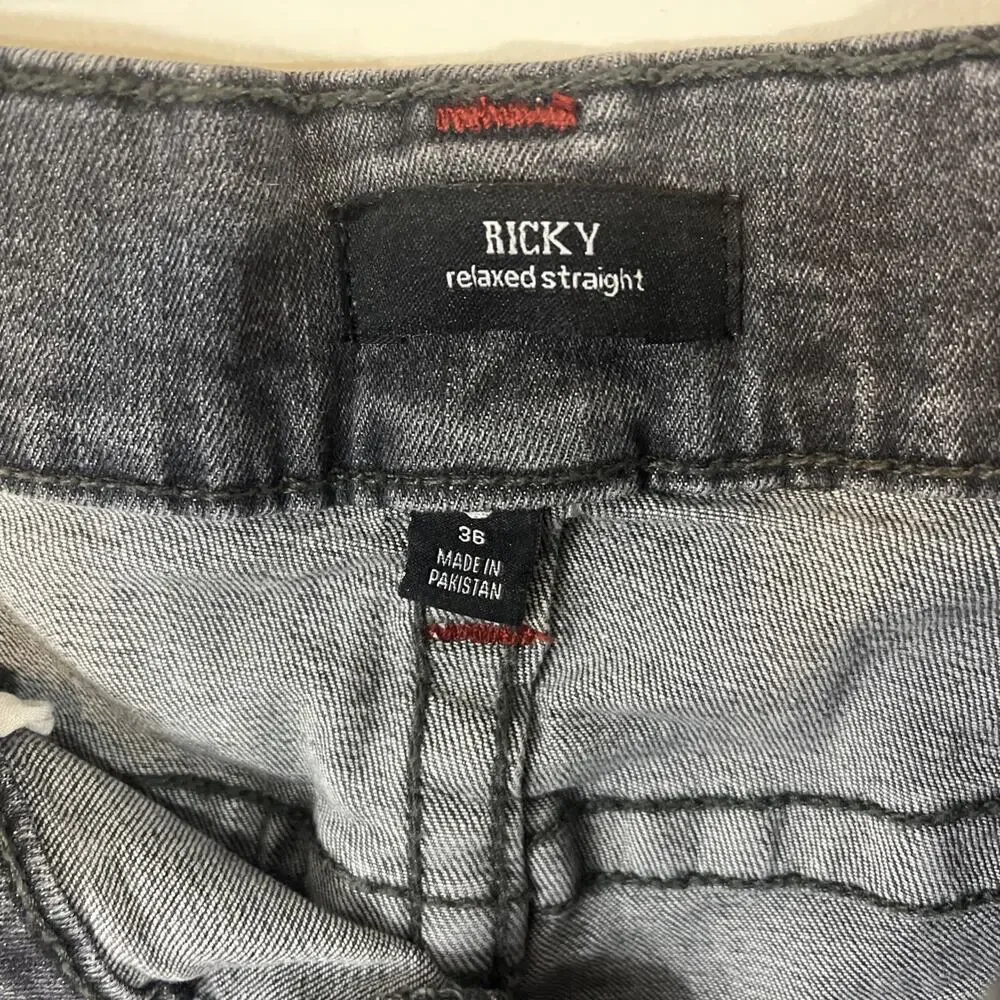 True Religion Men's Washed Gray Straight Jeans with Red Stitching